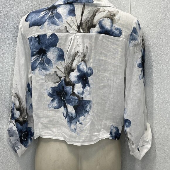 100% Lino Women’s Cropped Floral Print Linen Blouse One Size White/Blue - Picture 2 of 7